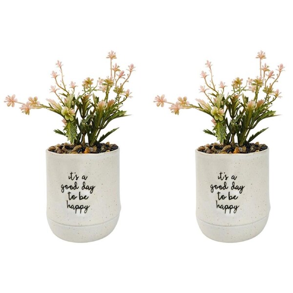 2x Urban Positivity Quote 15cm Artificial Plant Its A Good Day To Be Happy White