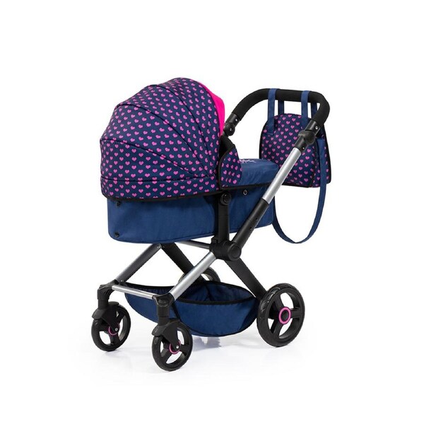 Bayer Doll Pram Xeo Compact Adjustable Dark Blue With Pink Hearts For 52cm Dolls