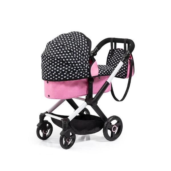 Bayer Doll Pram Xeo Compact Adjustable Pink With White Hearts & Pink Bow