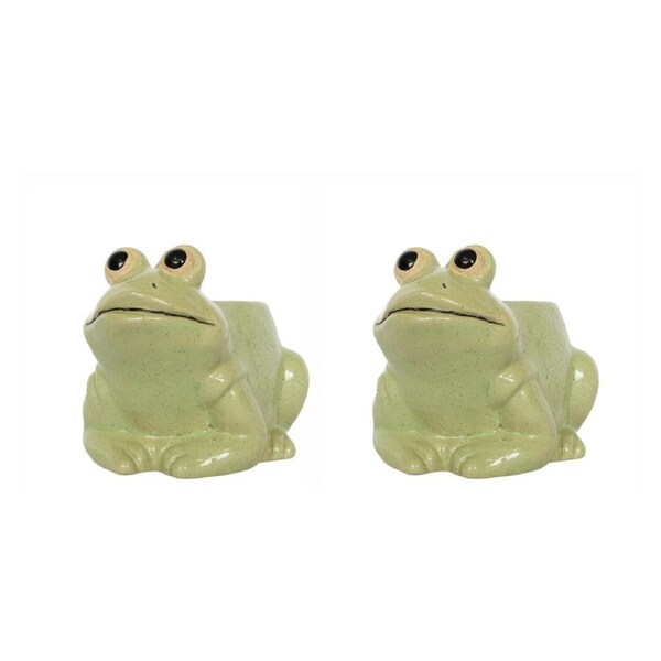 2x Urban Frog 9cm Ceramic Planter Garden Ornament Display Pot Small Light GRN