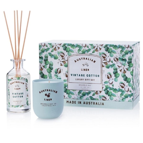 Bramble Bay Australian Linen - Candle & Diffuser Gift Box Set - Vintage Cotton