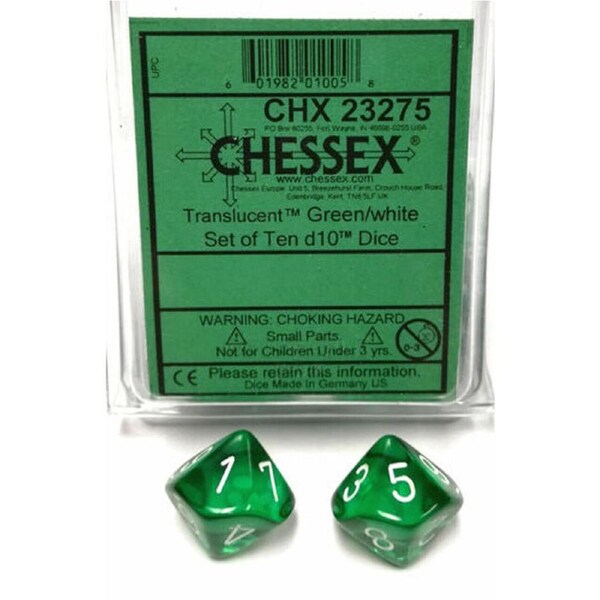 CHX 23275 Polyhedral Dice - 10D10 Translucent Green/white