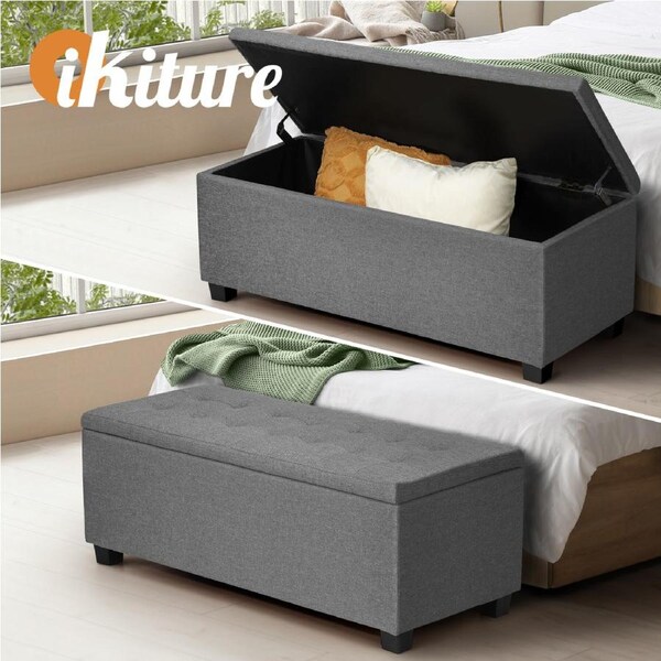 Oikiture Storage Ottoman Blanket Box Faux Linen Chest Toy Foot Stool LARGE Grey