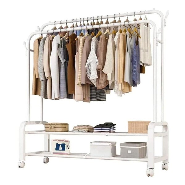 Heavy Duty Portable Double Rail Clothes Garment Hanging Rack Shoe Storage Shelf Organizer Hanger Dryer - white