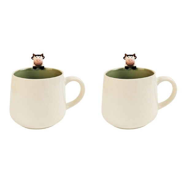 2x Urban Cute Cow Hanger 13cm Ceramic Mug Drinkware Cup w/ Handle White/Green