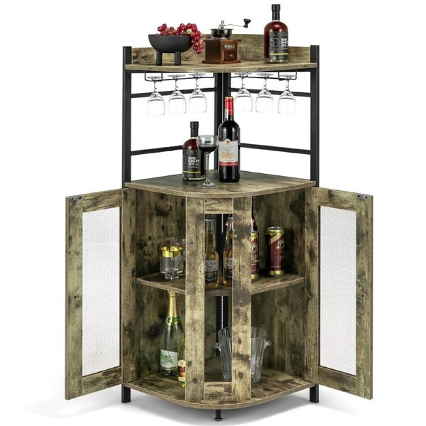 Giantex Corner Buffet Sideboard Storage Cabinet Corner Bar Organiser w/Glass Holder & Mesh Doors Wine Display Shelf