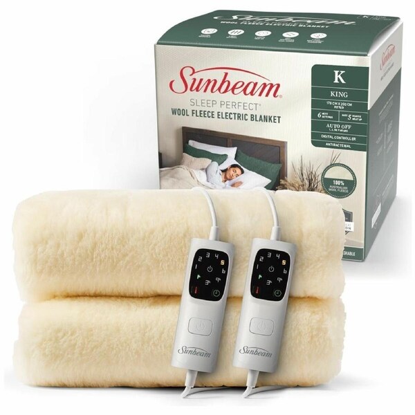Sunbeam Sleep Perfect Wool Fleece Anti Bacterial King Electric Blanket