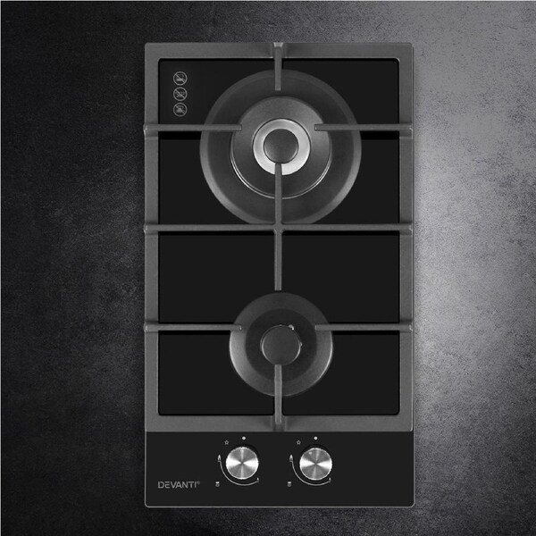 Gas Cooktop 30cm Gas Stove Cooker 2 Burner Cook Top Konbs NG LPG Black