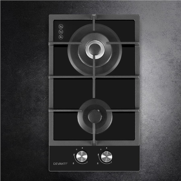 Gas Cooktop 30cm Gas Stove Cooker 2 Burner Cook Top Konbs NG LPG Black