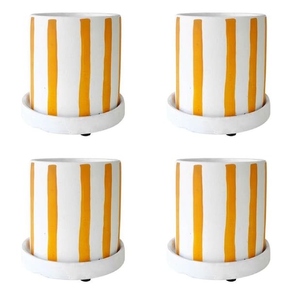 4x Urban Julia Stripe 11cm Concrete Planter w/Saucer Plant Pot Sml Mustard/White