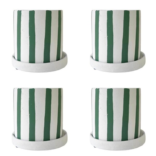 4x Urban Julia Stripe 11cm Concrete Planter w/ Saucer Plant Pot Small Sage/White