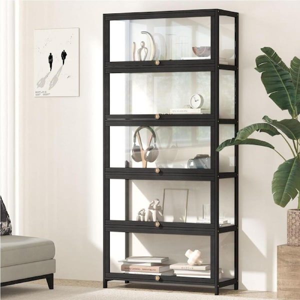 Oikiture Display Cabinet Storage 5-Tier Shelves Clear Bookcase Stand Rack Black