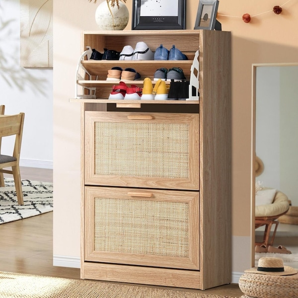 Oikiture Shoes Rack Shoe Storage Cabinet Organiser Shelf 3 Doors 45 Pairs Rattan