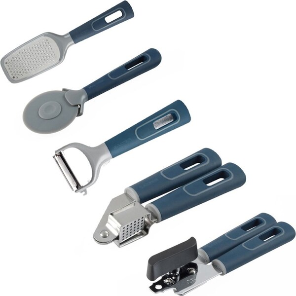 5PK Salter Indigo Peeler/Garlic Press/Can Opener/Pizza Cutter/Zester Combo Set