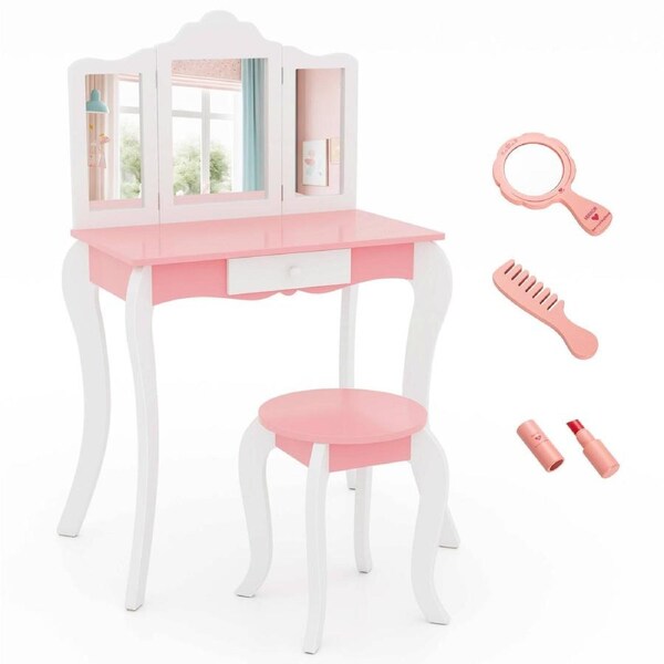 Giantex 2-in-1 Kids Vanity Table Stool Set Tri-Folding Mirror Makeup Table Princess Dressing Table w/Storage Drawer