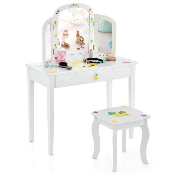 Giantex 2-in-1 Kids Vanity Table Stool Set Tri-Folding Mirror Makeup Table Cute Patterns w/Storage Drawer