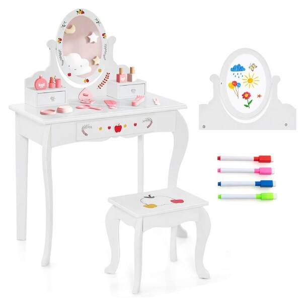 Giantex 2-in-1 Kids Dressing Table Stool Set Rotatable Mirror Makeup Table Cute Patterns w/3 Drawer & Whiteboard & 4 Markers
