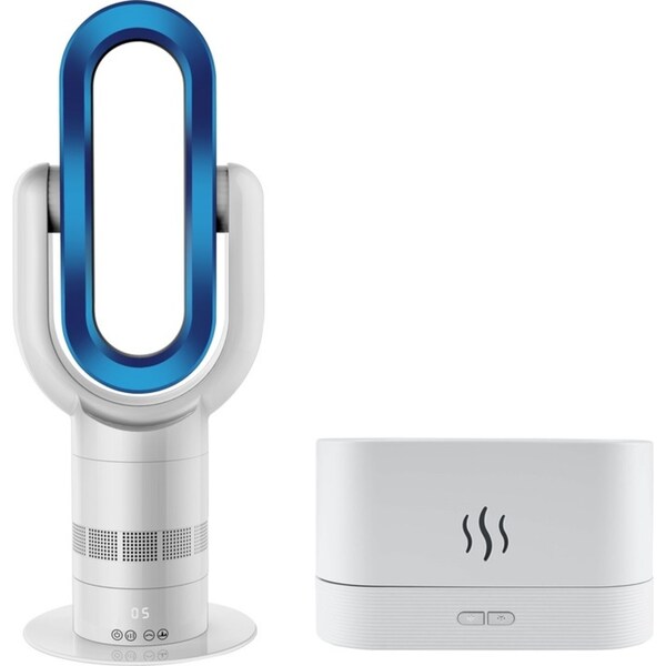ANGELO 2In1 Hot Cool Bladeless Fan with Aroma Diffuser Air Humidifier Set 9 Timer Remote Control 10 Speeds White Blue
