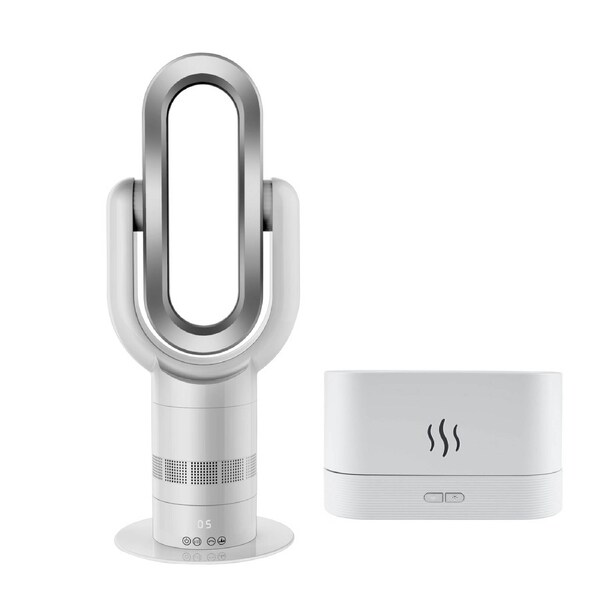 ANGELO 2In1 Hot Cool Bladeless Fan with Aroma Diffuser Air Humidifier Set 9 Timer Remote Control 10 Speeds White Silver