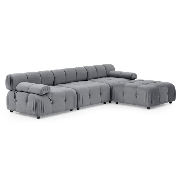 Foret 4 Seater Sofa Modular Arm Ottoman Tufted Velvet Lounge Couch Chaise Light Grey