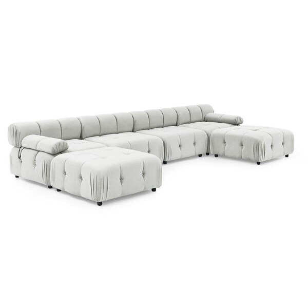 Foret 6 Seater Sofa Modular Arm Ottoman Tufted Velvet Lounge Couch Chaise Beige