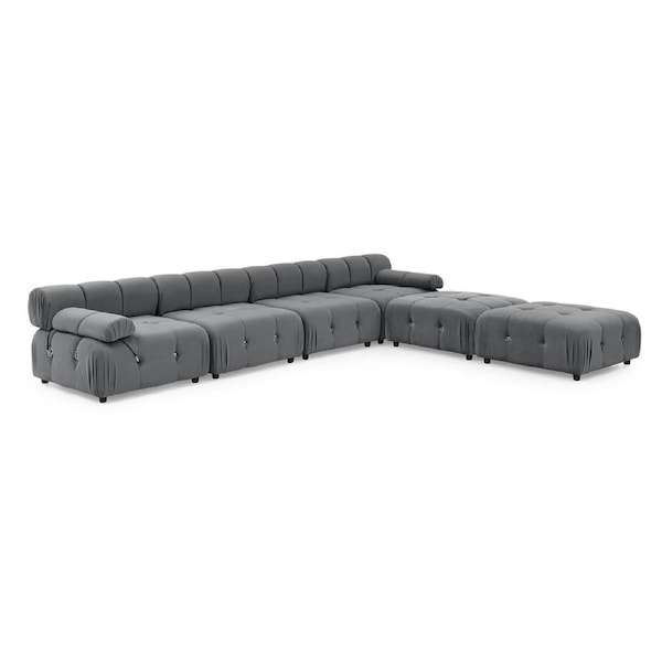 Foret 6 Seater Arm Sofa Modular Ottoman Velvet Tufted Lounge Couch Chaise Dark Grey