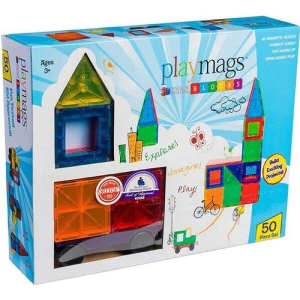 50PCS Playmags 3D Clear Colour Genuine Magnetic Tiles supermags (2019-'20 new version)