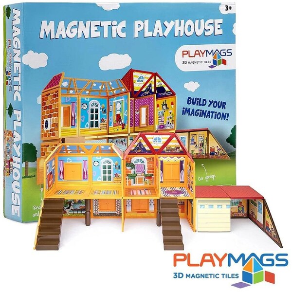 Playmags Magnetic Building Toy, Playhouse Building Set, 48 Magnetic Tiles, Play and Build Playhouse for Kids