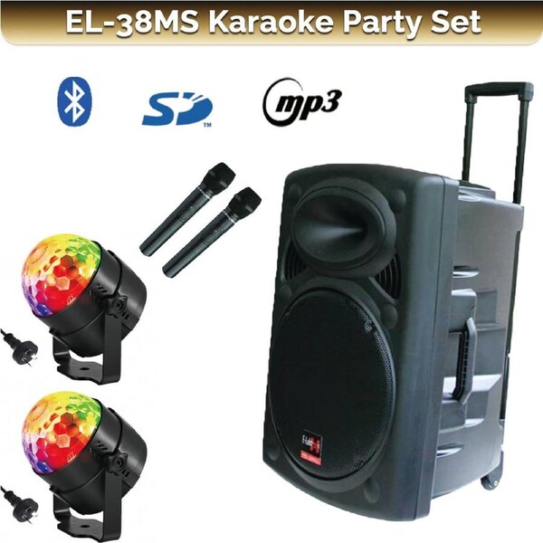 E-lektron EL38-MS 15-inch Portable Speaker Light Party Set w/ Battery Bluetooth Sound System 2 Microphone 2 Disco Light