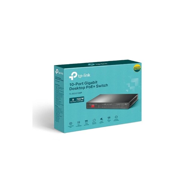 TP-Link TL-SG1210MP 10-Port Gigabit Desktop Switch with 8-Port PoE+PORT: 8 Gigabit PoE+ Ports, 2x Gigabit Non-PoE Ports, 1 Combo Gigabit SFP SlotS
