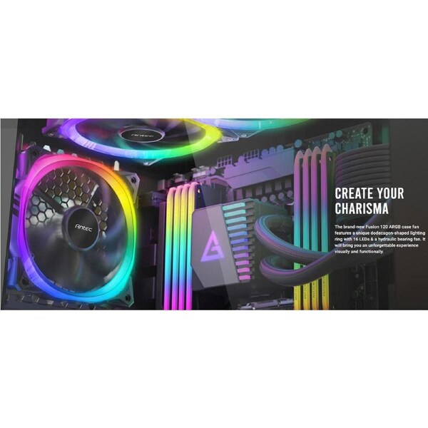Antec Fusion 120mm ARGB PWM HB Fan, Airflow 57.93 CFM, Air Pressure 2.11, Noise Level 31.21. Woven Cable, PMW Daisy Chain design, 3 Yrs Warranty