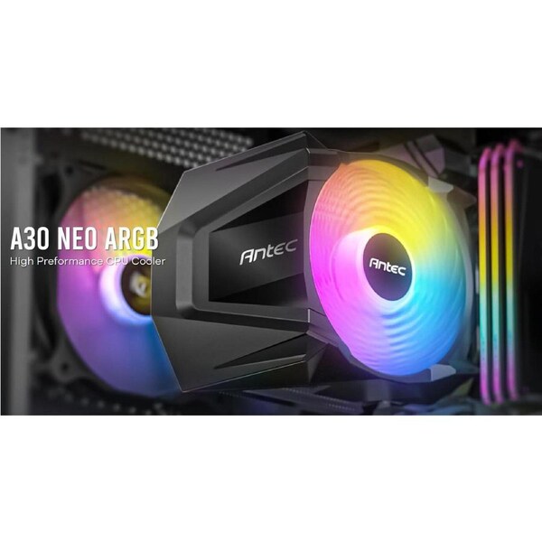 Antec A30 NEO ARGB CPU Air Cooler with 800 - 2000 RPM. 43.82 CFM max, 23.2 dB(A) 4 pin PWM LED 3 PIN. Performance CPU Cooler. TDP 125w. Intel AMD