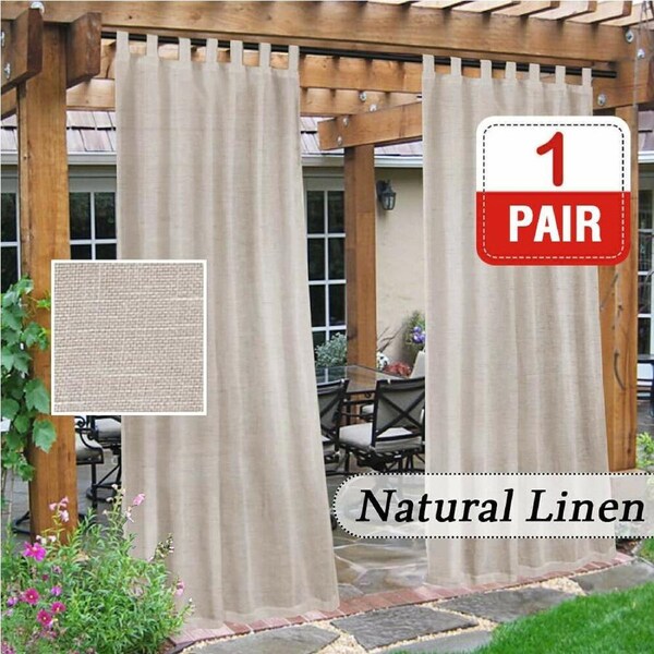 2x Outdoor Linen Sheer Curtains for Patio Divider Detachable Self-Stick Tab Top Natural / W132cm X D213cm