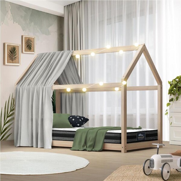 Oikiture Kids Bed Frame With Single Mattress Set House Style Wooden