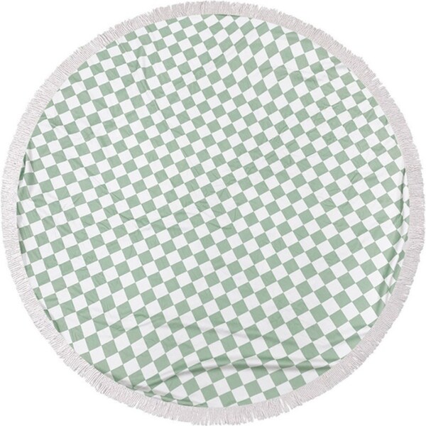 Good Vibes 150cm Round Outdoor Beach Towel w/Tassel 400GSM Microfibre Sage Check