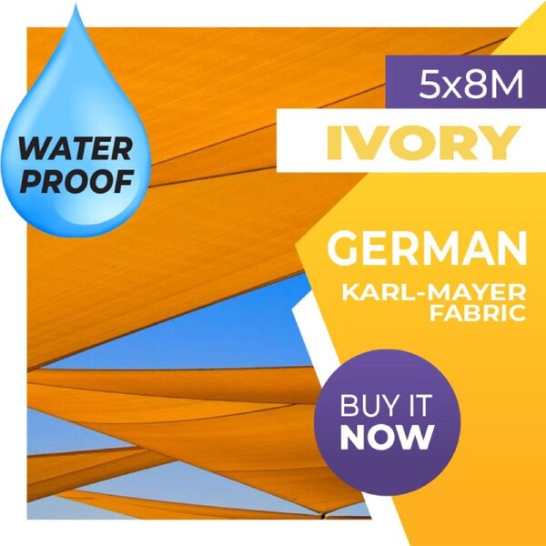 WATERPROOF SHADE SAIL RECTANGLE IVORY 5m x 8m AWNING 5x8 8x5 5x8m 8x5m 5 x 8