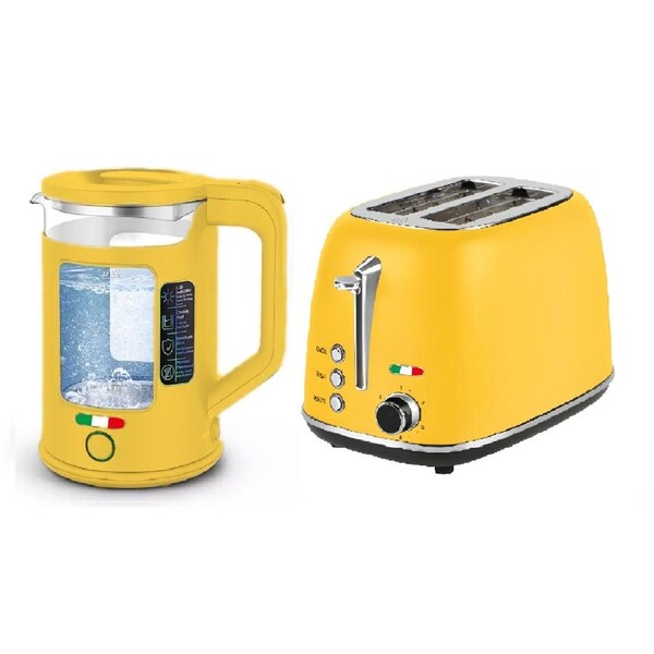 Vintage 2 Slice Toaster and 1.7L Glass Kettle Set - Yellow Modern Design - LED, Browning Control, Keep Warm - Chrome Trim - Stylish Kitchen Combo