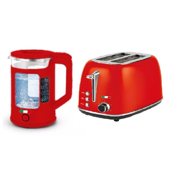 Vintage 2 Slice Toaster & 1.7L Glass Kettle Set - Red Modern Design - LED, Browning Control, Keep Warm - Chrome Trim - Stylish Kitchen Combo