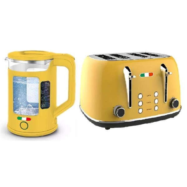 Vintage 4 Slice Toaster and 1.7L Glass Kettle Set - Yellow Modern Design - LED, Browning Control, Keep Warm - Chrome Trim - Stylish Kitchen Combo