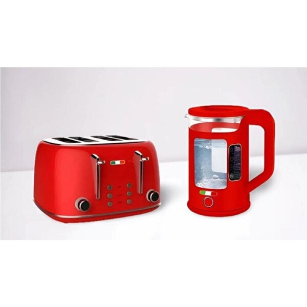Vintage 4 Slice Toaster and 1.7L Glass Kettle Set - Red Modern Design - LED, Browning Control, Keep Warm - Chrome Trim - Stylish Kitchen Combo
