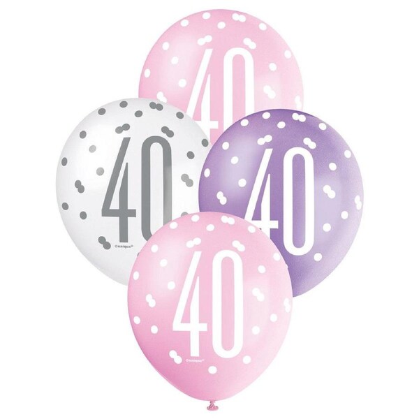 40th Birthday Latex Balloons - Pink, Purple & White