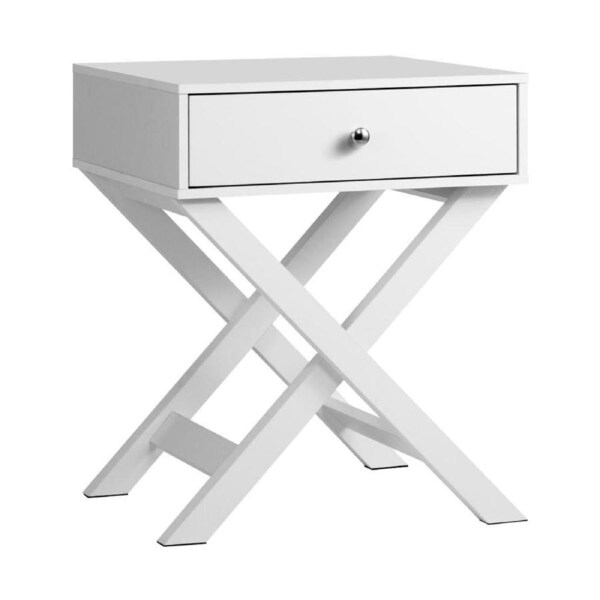 Bedside Table with Wooden Frame and Cross Base Side Table Nightstand White