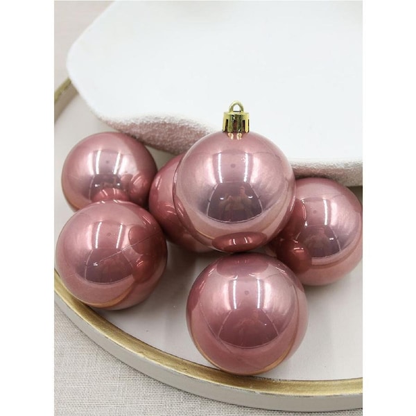 Rose Gold Christmas Baubles 60mm Pearl 6 Pack