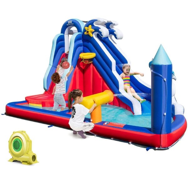 Costway Inflatable Water Slide Park Jumping Castle Splash Pool w/680W Blower & Carry Bag Wet Dry