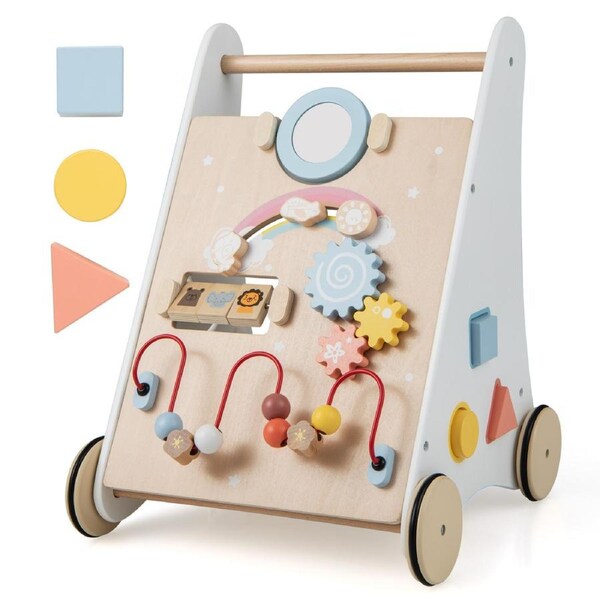 Costway 7 in 1 Activity Walker Wood Push Pull Learning Cart w/Shape Matching & Building Blocks