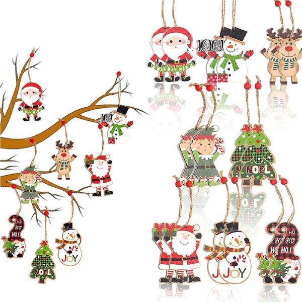 24 Pack Wooden Christmas Tree Hanging Ornaments with Rope Holiday Party Decor