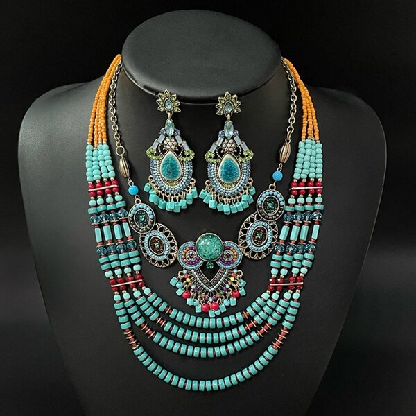 Bohemian Necklace Female Rice Beads String Earrings Set Travel Photo Headdress