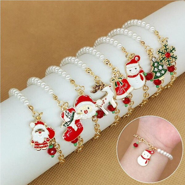 8Pcs Christmas Bracelets Gold Color Imitation Pearl Santa Claus Pendant Bracelet