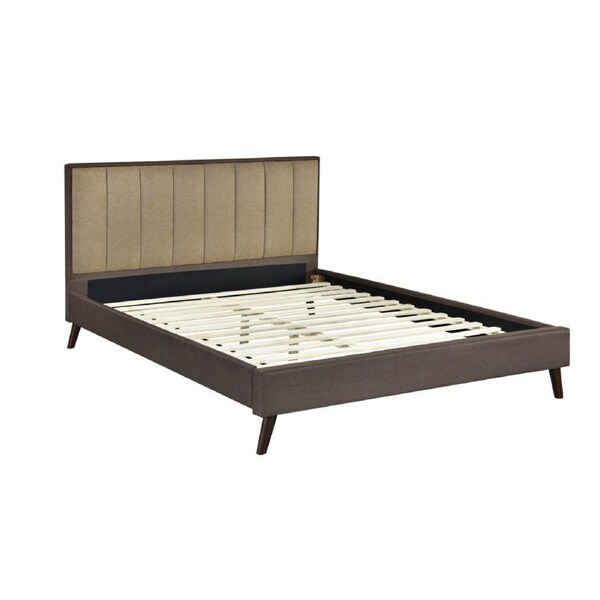 Rennie Double Bed Platform with Upholstered Linen Fabric and Rubberwood Legs Light and Dark Brown