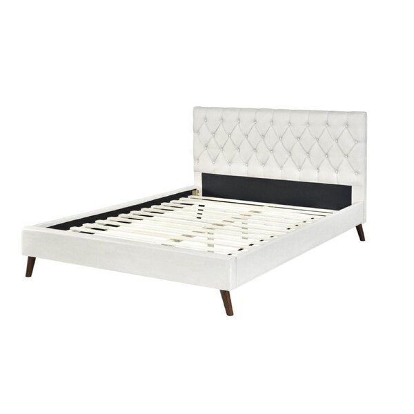 Andy Double Bed with Upholstered Button Tufted Headboard and Rubberwood Legs Cream